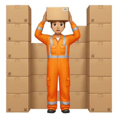 man standing, facing backwards, wearing orange hi visibility overalls, holding a box above his head sticker