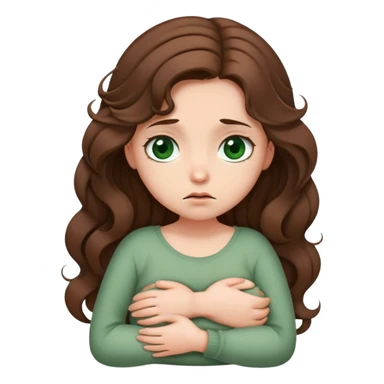 Sad Girl with curled brown long length hair and dark green eyes with belly ache sticker