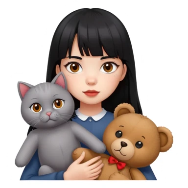 The girl with black eyes and red cheeks has long black hair with bangs and holds a British grey cat and a brown teddy bear sticker