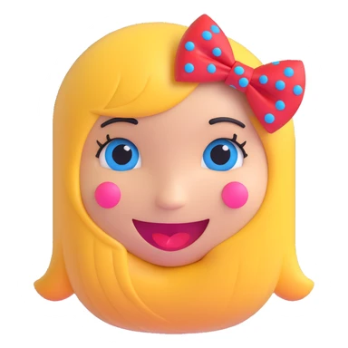 3D smiley emoji, large eyelashes, red polka dot bow, shy, downward looking eyes, blue eyes, musical notes sticker