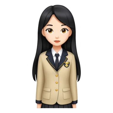 trendy schoolgirl with Asian skin, straight black long hair, chic uniform sticker