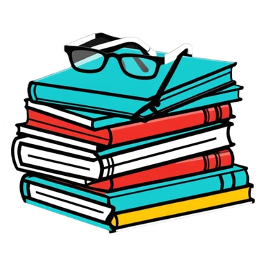 A cute stack of books with glasses resting on top sticker