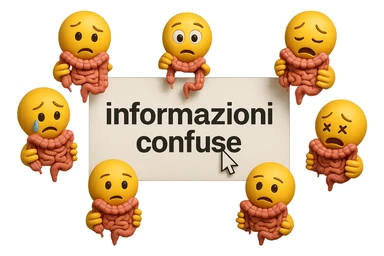 SCHERMO DI PC CON LA SCRITTA "informazioni confuse" SULLO SCHERMO E IL CLICK DEL MOUSE SULLA SCRITTA, stile emoji iphone fluttuano in aria stringendo in mano un pezzo di colon intestinale, iperrealistico 4k sticker