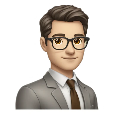 Pale skinned fit man with dark brown hair in gray jacket, beige office shirt, brown tie, brown pants and vintage glasses Writing on the marker board sticker