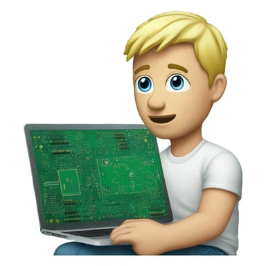 man looks 35 classes short hair, european, tech nerd love pcb designing, blond hair shorter blue eyes behind laptop with pcb in hand macbook sticker