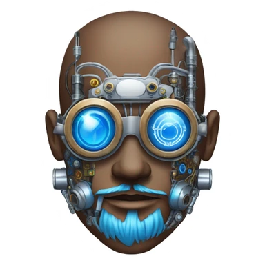 Brown shaved male cyborg head with blue beard, silver steampunk monocle goggles and circuits sticker