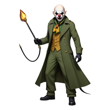 evil clown, bald, small black horns on forehead, fangs, pointed ears, eye patch over one eye, long coat over black and military green leisure suit with bellbottom pants, tail, holding an Indiana Jones-style whip, realistically proportioned, less bulky, full body, battle-ready, fighting posture sticker