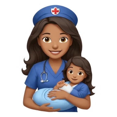 Female nurse smiling with long dark wavy hair with medium brown skin and brown eyes holding one tiny new born baby with navy blue short sleeves sticker