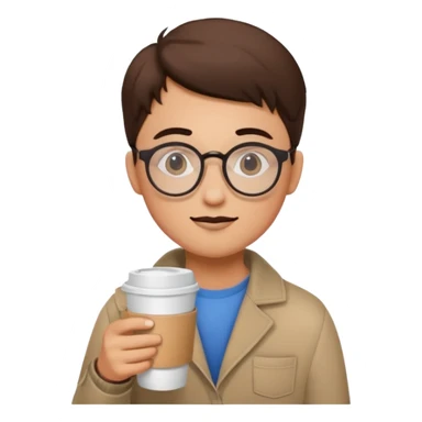 Student with round glasses and takeaway coffee sticker