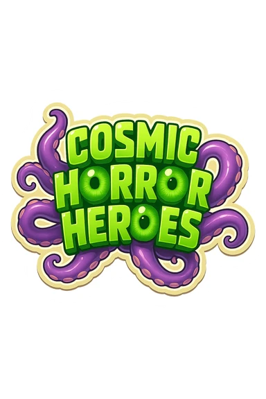 Render the cosmic horror themed image with green text and tentacles in a vibrant retro stickers style. Use bold outlines and a playful, collectible vibe to give it a classic retro sticker look while preserving the original theme and elements. sticker