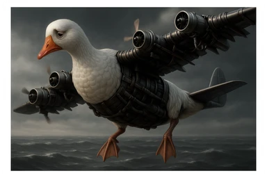 Change the expression of the goose-plane creature to sad, keeping all other details and colors the same, in a style consistent with the original image. sticker