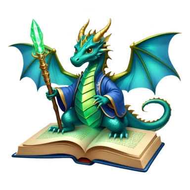 Icon for Fantasy and Sci-Fi Literature: a magical book with glowing pages, surrounded by a dragon, a spaceship, and a wizard with a staff. The icon should capture the adventurous and imaginative world of fantasy and science fiction. Transparent background. sticker