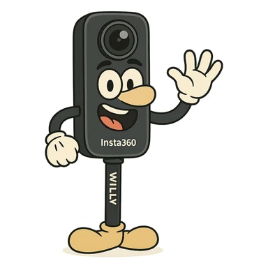 playful, characterful Insta360 camera on a stick named Willy, cartoon style character sticker