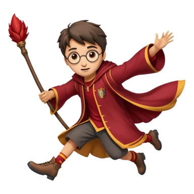 Cartoon-style illustration of Harry Potter flying on a broomstick, Gryffindor red and gold outfit, expressive face, dynamic motion, magical vibe, smooth shading, vibrant colors, no background, transparent background, isolated character. sticker