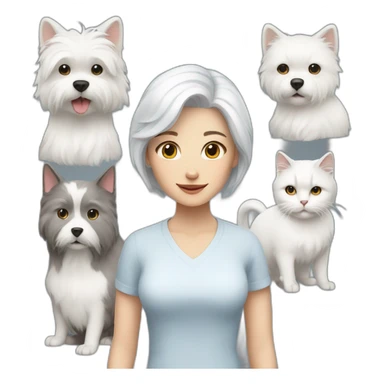 white haired woman with a grey and white cat and a white fluffy dog sticker