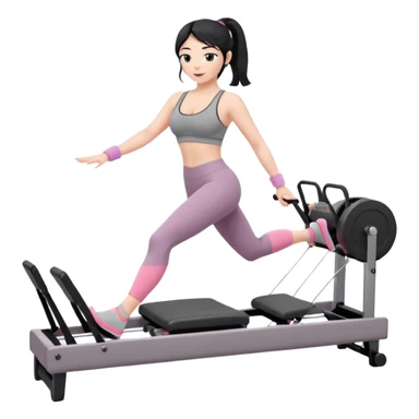 Create a Pilates emoji: a girl with fair skin and black hair, wearing a grey bra and grey leggings with pink pilates socks, exercising on a pilates reformer and not looking at the camera sticker