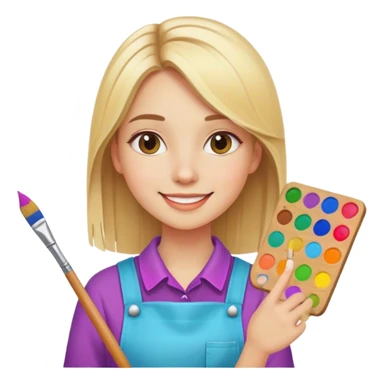 painter girl with straight blonde hair, very cheerful and colorful sticker