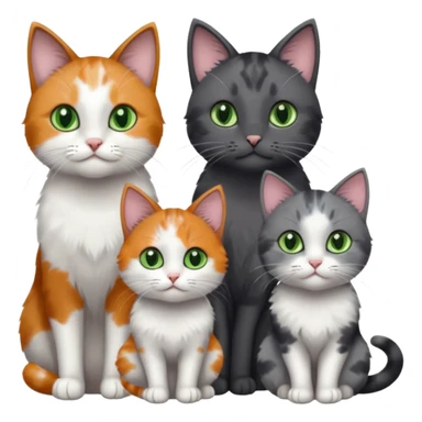 3 different coloured small cats including a dark grey and white, and a patchy calico and a completely solid dark grey with green eyes and only white paws sticker