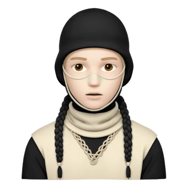 Ultra-detailed studio shot of a post-apocalyptic off-white balaclava — deconstructed, frayed, layered, with braided rope tassels and subtle embroidery. Minimalist white background, soft lighting, sharp focus. High-fashion streetwear aesthetic. The face of a person in a mask should not be visible sticker