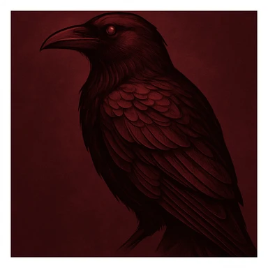 погенерируй ворона полубоком по появ где-то крупным планом внешне как на референсах, четкие контуры тени и блики в винном бордовом цвете sticker