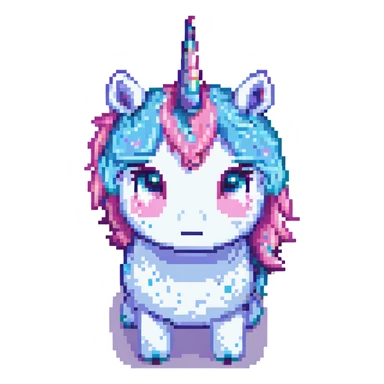 a unicorn crying, pixel art style sticker