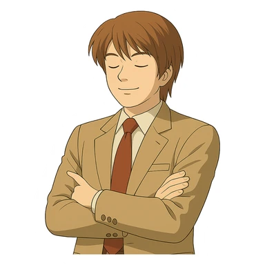 Create an exact Light Yagami in Ghibli style, standing with arms crossed and eyes closed. Keep the same suit and confident expression. Match the face, hair, and suit details exactly to the reference image. Transparent background. sticker