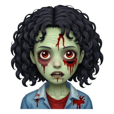 a zombie with curly medium black hair, dark brown eyes and a bit of blood on her cheek sticker