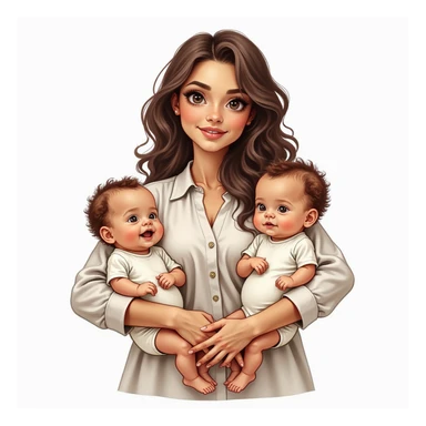realistic illustration of a mother standing holding two babies in her arms, detailed face, expressive eyes and lips, long wavy hair, wearing a blouse, babies in bodysuits, no background sticker
