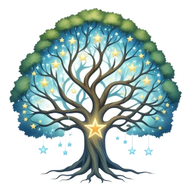Celestial family tree with star-like portraits connected by flowing gossamer branches, ethereal ancestral connections sticker
