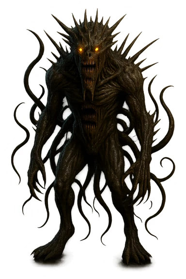 Add even more monstrous features to the monster in the image: extra mouths, horns, spikes, claws, and tentacles. Keep the monster huge, terrifying, realistic, slimy, with glowing eyes, and no background. sticker
