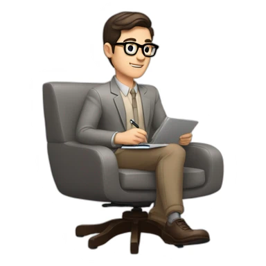 Pale skinned Fit Man With dark brown hair in gray jacket, beige office shirt and vintage glasses sitting In a soft chair with a notebook with emblem Ψ and a pen in his hands sticker