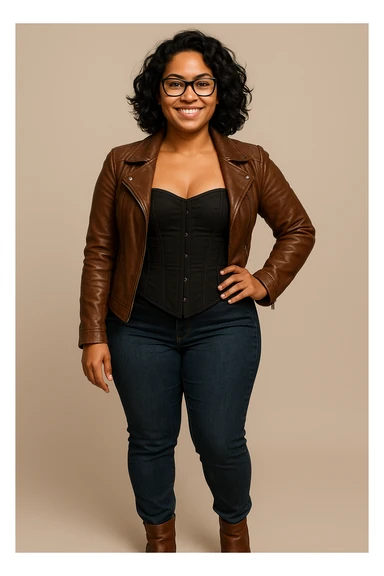A woman with light brown skin, wavy black hair, and square-shaped glasses. She wears a black corset dress with a brown leather jacket, blue jeans, and brown ankle boots, smiling and standing confidently. sticker