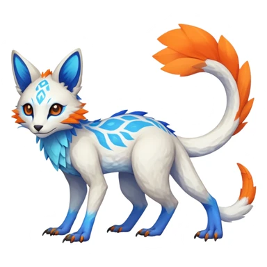 Rare realistic exotic white and neon-blue and neon-orange epic pretty beautiful handsome gorgeous aesthetic colorful vibrant Vernid-Trico-species-Fakemon-creature by LiLaiRa, 4 legs, 1 tail, random markings, (full body) sticker