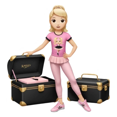 Hiphop dancer, with cute big pants, sneakers, and t-shirt. White girl blond. Coloufull shirt. No pocket pants. Dancing. Pink and black plain outfit. No sweatbands on the wrist, black music box behind her. Ballerina pose. The third on is amazing. With nothing on the shirt sticker