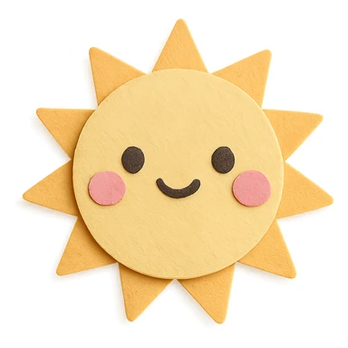 cute bright sun, smiling kawaii face, pink cheeks, soft pastel colors, no limbs, full body, paper craft style sticker