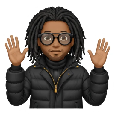African American man brown skin complexion with black dreadlocks shoulder length wearing black bubble winter coat wearing black sunglasses with hand raised sticker