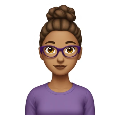 girl with tortise shell square glasses, brown hair in a bun, and eight and purple swaetshirt sticker