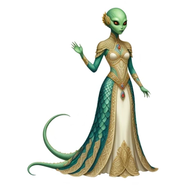 a Reptilian alien woman full body in Romanov dress sticker