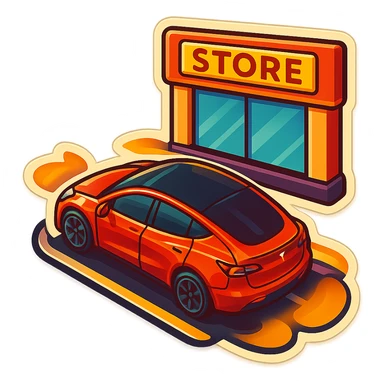 A Tesla Model Y parallel parking in front of a store, from above sticker