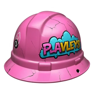 pink hard hat with graffity "PLAVLEYS" sticker