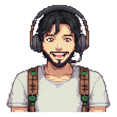 anime style laughing man with black hair, brown eyes, black beard wearing gaming headset sticker