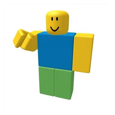 Extract only the character in a blue shirt and green pants (seventh from left) from the image, place it on a transparent background, and keep the original Roblox style and appearance. sticker
