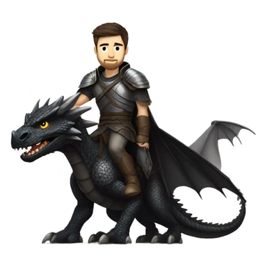 Confident armored White Man with dark brown hair and a short beard riding on the back of a giant armored black dragon sticker