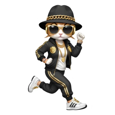 female cat running upright wearing Run DMC hip-hop outfit, tracksuit, fedora, Adidas sneakers, dark sunglasses, many gold chains, bling accessories (rings, bracelets, earrings) sticker