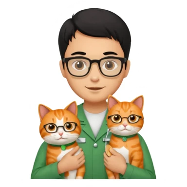 Veterinario hombre trigueño con lentes, con cabello negro, y con uniforme veterinario color verde cargando un gato naranja sticker