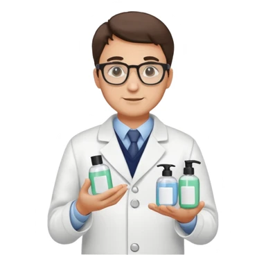 man with white coat and glasses holding skincare products sticker