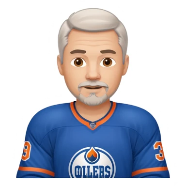 Handsome, muscular white man with gray hair and goatee, playing hockey and wearing an Oilers jersey sticker
