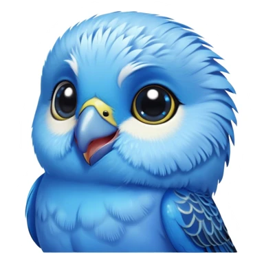 Cinematic Cute Blue Budgie Portrait Emoji, Head tilted playfully and inquisitively, featuring a brilliant blue feathered fur with a natural sheen, round, sparkling dark eyes filled with curiosity, Simplified yet irresistibly adorable features, highly detailed, glowing with a warm, friendly glow, high shine, affectionate and lively, stylized with a touch of whimsy, bright and endearing, soft glowing outline, capturing the essence of a mischievous yet loving budgie, so playful it feels like it could chirp out of the screen and into your arms! sticker