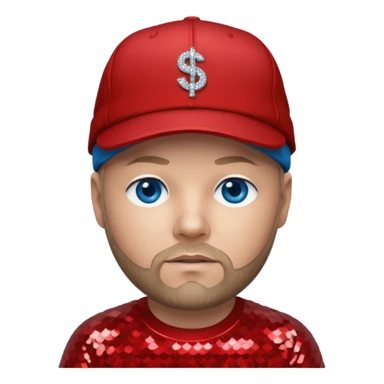 Fred Durst with blue eyes, dark blonde hair, red sequin shirt and cap sticker