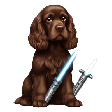 Chocolate brown cocker spaniel with lightsaber sticker